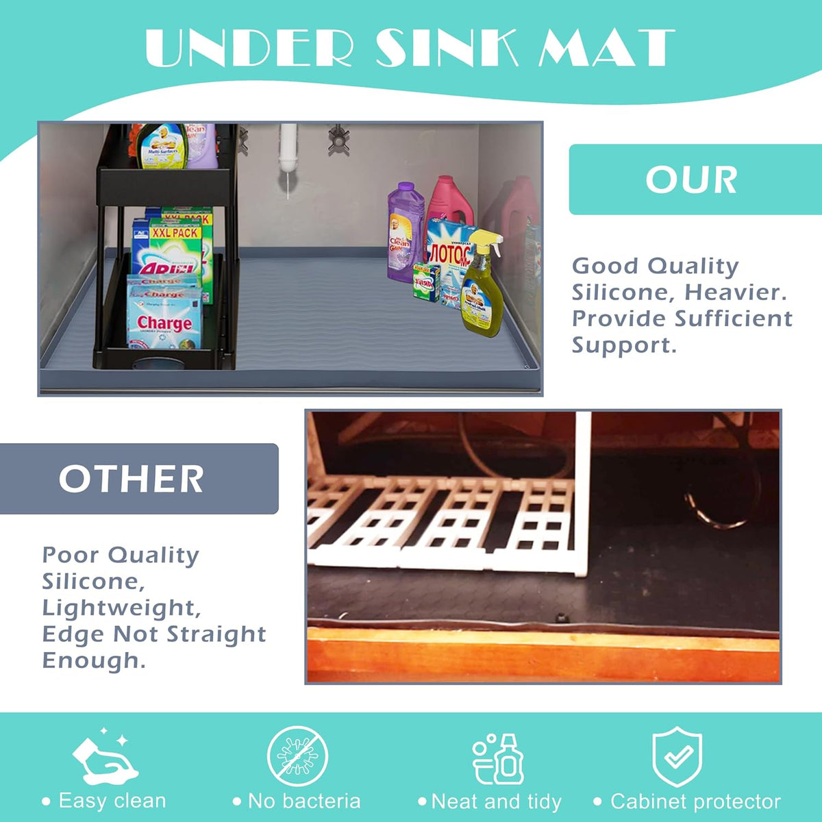 URMONA Waterproof Silicone Under Sink Mat 31'' x 22'' Shelf Liner for Kitchen and Bathroom, Cabinet and Counter Protector, Storage and Organizers, Litter Mat, Pet Cat Puppy Essentials(Light Grey)