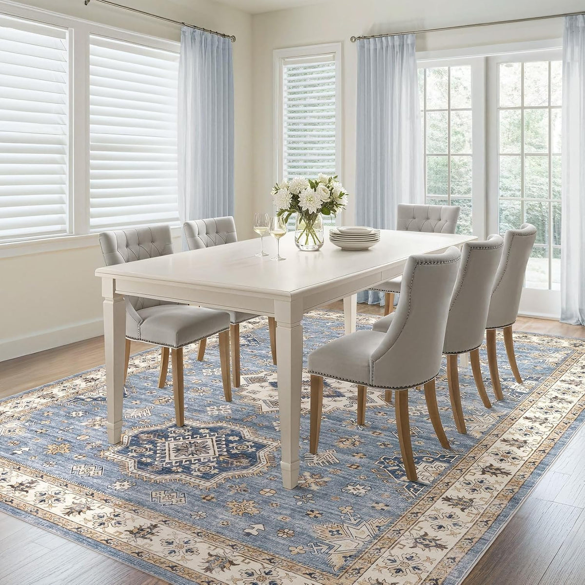 Washable Area Rugs for Living Room -9x12 Neutral Vintage Distressed Floral Farmhouse Boho Large Soft Floor Rug Indoor Non Slip Carpet for Living Room Bedroom Dining Room Office - Blue