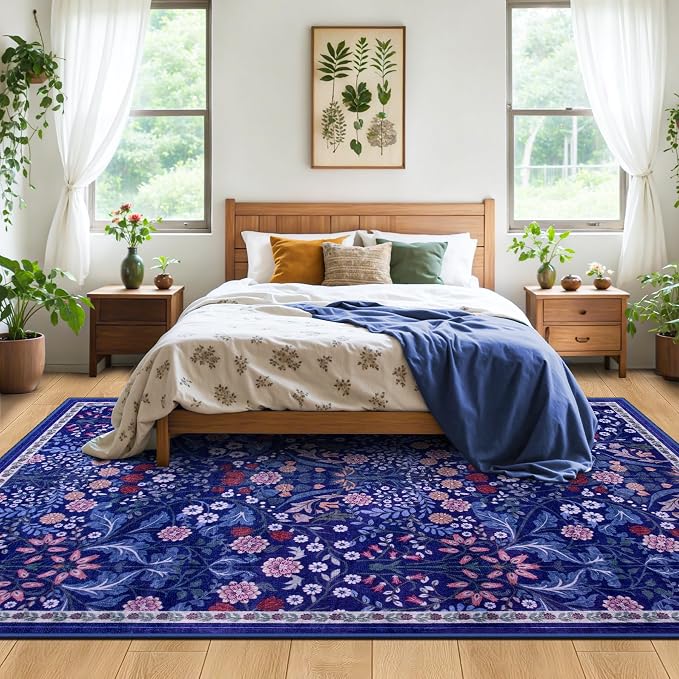 PLHXFR Area Rug 10x14 Living Room: Floral Washable Boho Soft Carpet Blue | - Image 3
