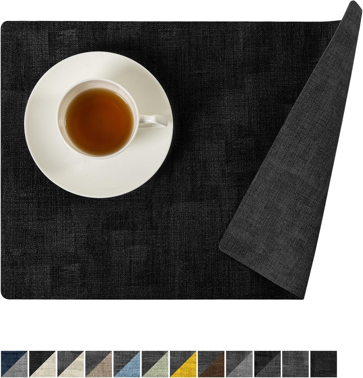 Romanstile Reversible Vinyl Placemats Set of 8, Faux Leather 100% Waterproof Oil-Proof Wipeable Place Mats, Heat Resistant Dual Sided Table Mats for Kitchen/Dining/Party (Grey Black, 12 x 17 Inch)