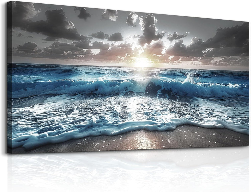 hyidecorart Large Wall Art For Living Room Modern Wall Decor For Office Blue Beach Painting Sea Waves Sunshine Wall Pictures Bedroom Home Decoration Prints Posters Mural Artwork Ready To Hang 60x30