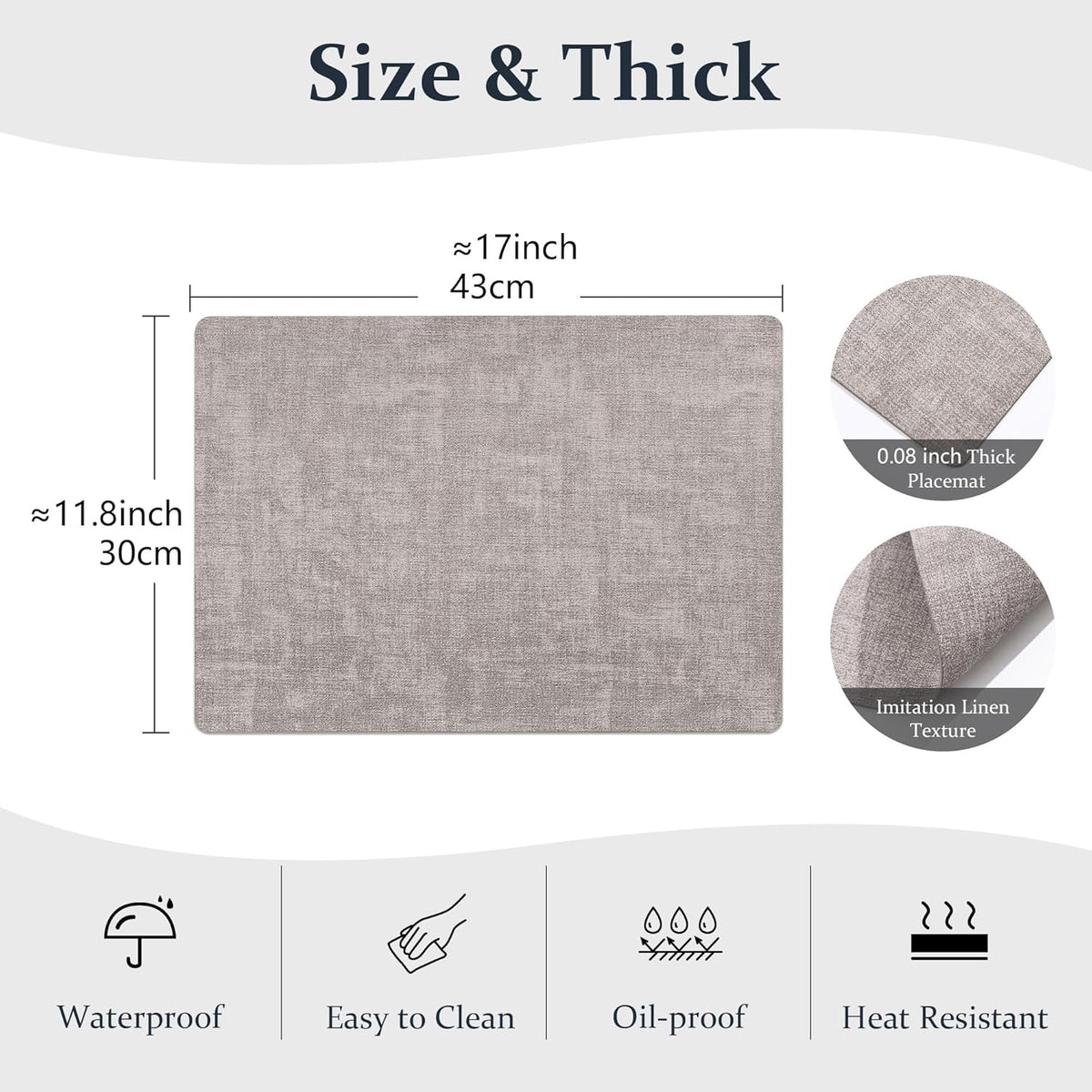 FROMHEART Faux Leather Placemats Set of 6–Waterproof,Heat/Oil Stain-Resistant PU Table Mat–Reversible,Non-Slip,Easy to Clean Place Mats for Kitchen,Dining,Indoor/Outdoor,(Light Grey,11.8" x 17")