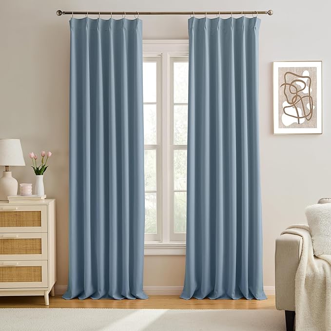 Dusty Blue Pinch Pleated Curtains 126 Inches Long Room Darkening Draperies by KEQIAOSUOCAI