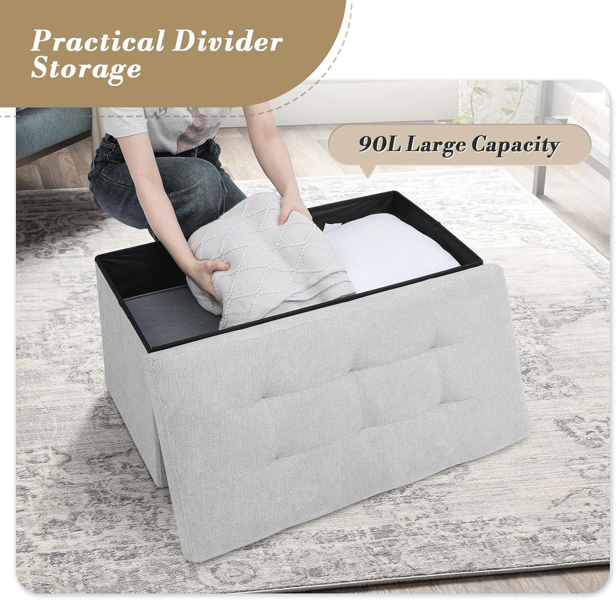 Storage Ottoman Bench, Folding Ottoman Foot Rest, 15 x 30 x 15 Inches, End of Bed Bench, Storage Chest, for Living Room, Bedroom, Hallway, Entryway, Light Gray