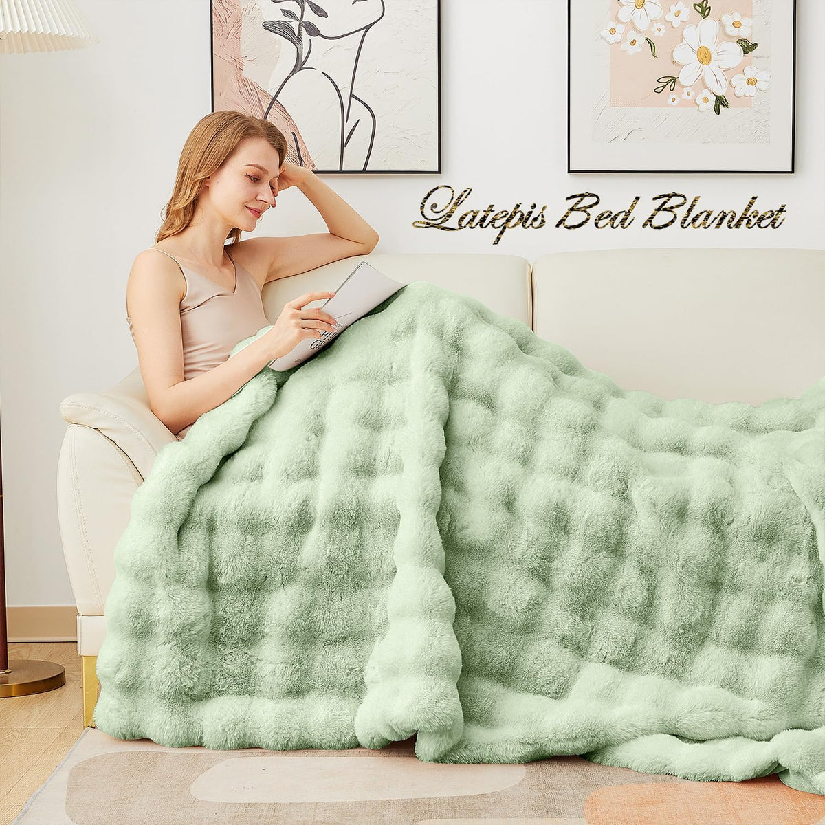 Latepis Soft Faux Fur Blanket Bubble Twin Size Comfy Blanket for Bed Fuzzy Cozy Thick Blankets for Couch Bedroom Furry Warm Blankets for All Seasons Luxury Bed Throw 60x80 Inch Sage Green, 860gsm