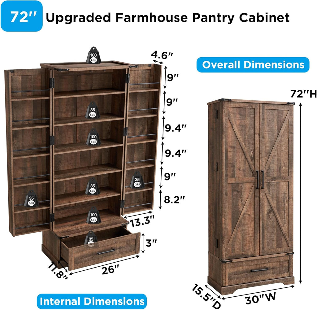 72" Farmhouse Kitchen Pantry Cabinet With Drawer, Tall Storage With 2 Barn Doors and Shelves, Versatile Large Rustic for Dining Room, Bathroom, Living Room, Rustic Brown