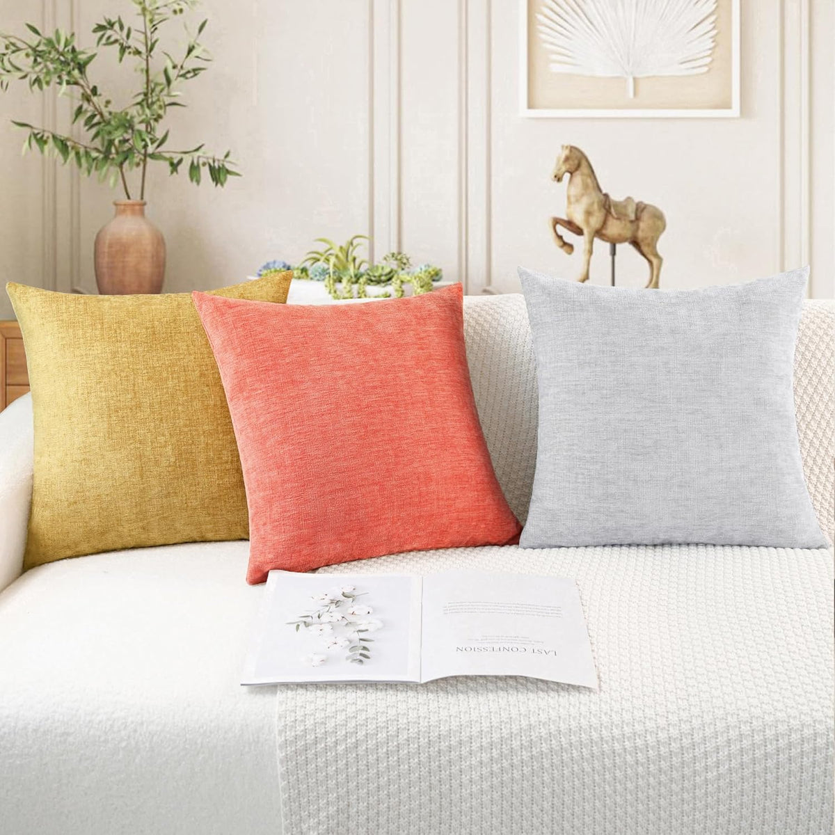 CaliTime Throw Pillow Covers Decorative 20 X 20 Inches Pack of 2 Cozy Chenille Cushion Cases for Couch Sofa Bed Living Room Home Living Coral
