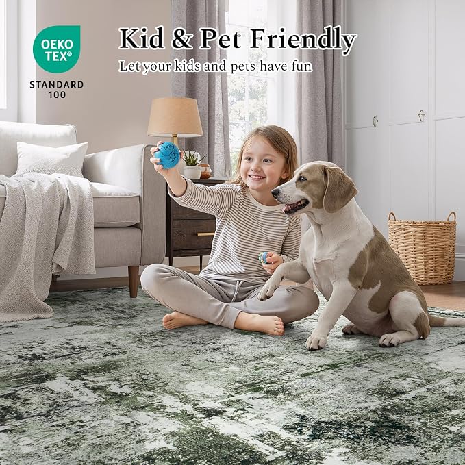 Rugflix 4x6 Area Rugs for Living Room, Washable Dark Green Large Rug | Machine - Image 5