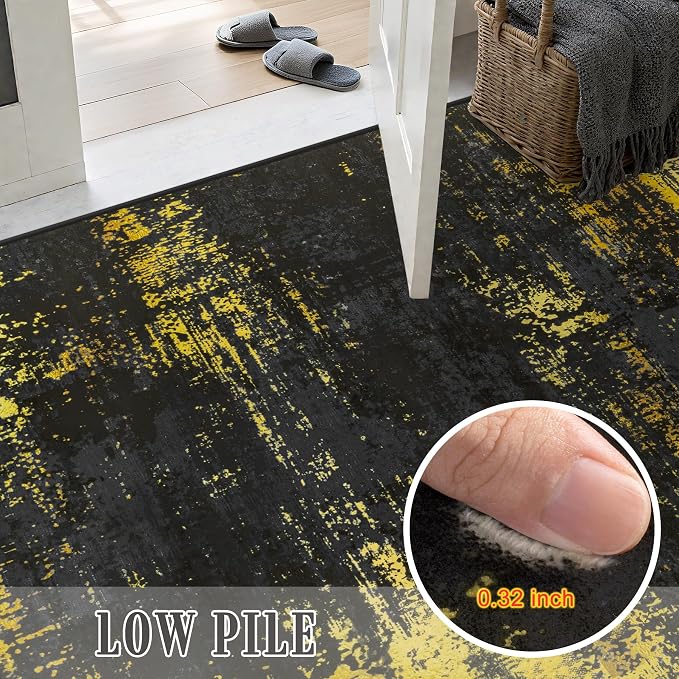 Area Rug Living Room: 6x6 Modern Washable Soft Carpet Black Gold | - Image 7