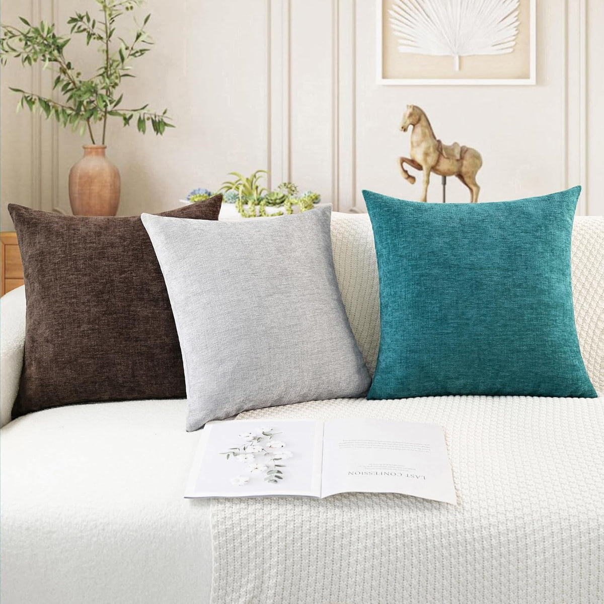 CaliTime Throw Pillow Covers Decorative 24 X 24 Inches Pack of 2 Cozy Chenille Cushion Cases for Couch Sofa Bed Living Room Home Teal