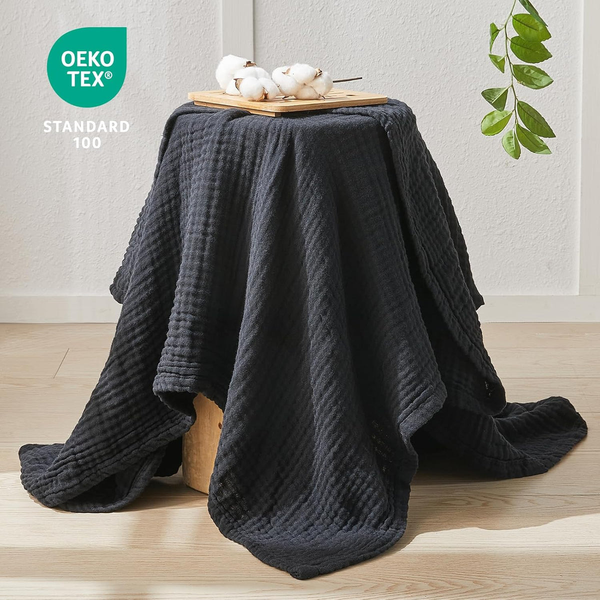 EMME Cotton Muslin Large Throw Blanket Couch Breathable Gauze Blanket Soft Lightweight Bed Blankets Adults (Black, 50"x70")
