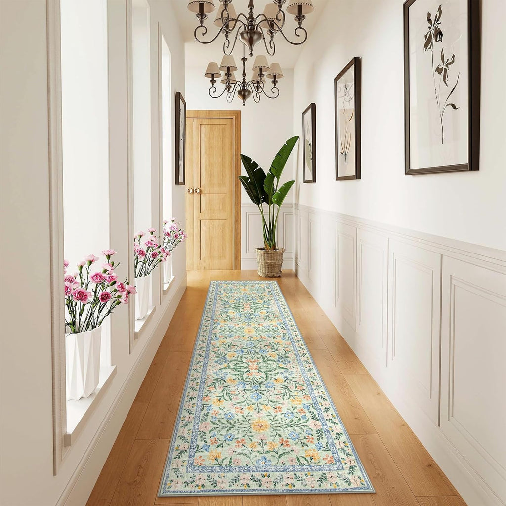 Wonnitar Washable Runners for Hallways, 2'6''x8' Floral Green Runner Rug for Kitchen Bathroom, Boho 8ft Non Silp Extra Long Rugs for Entryway Bedroom Laundry