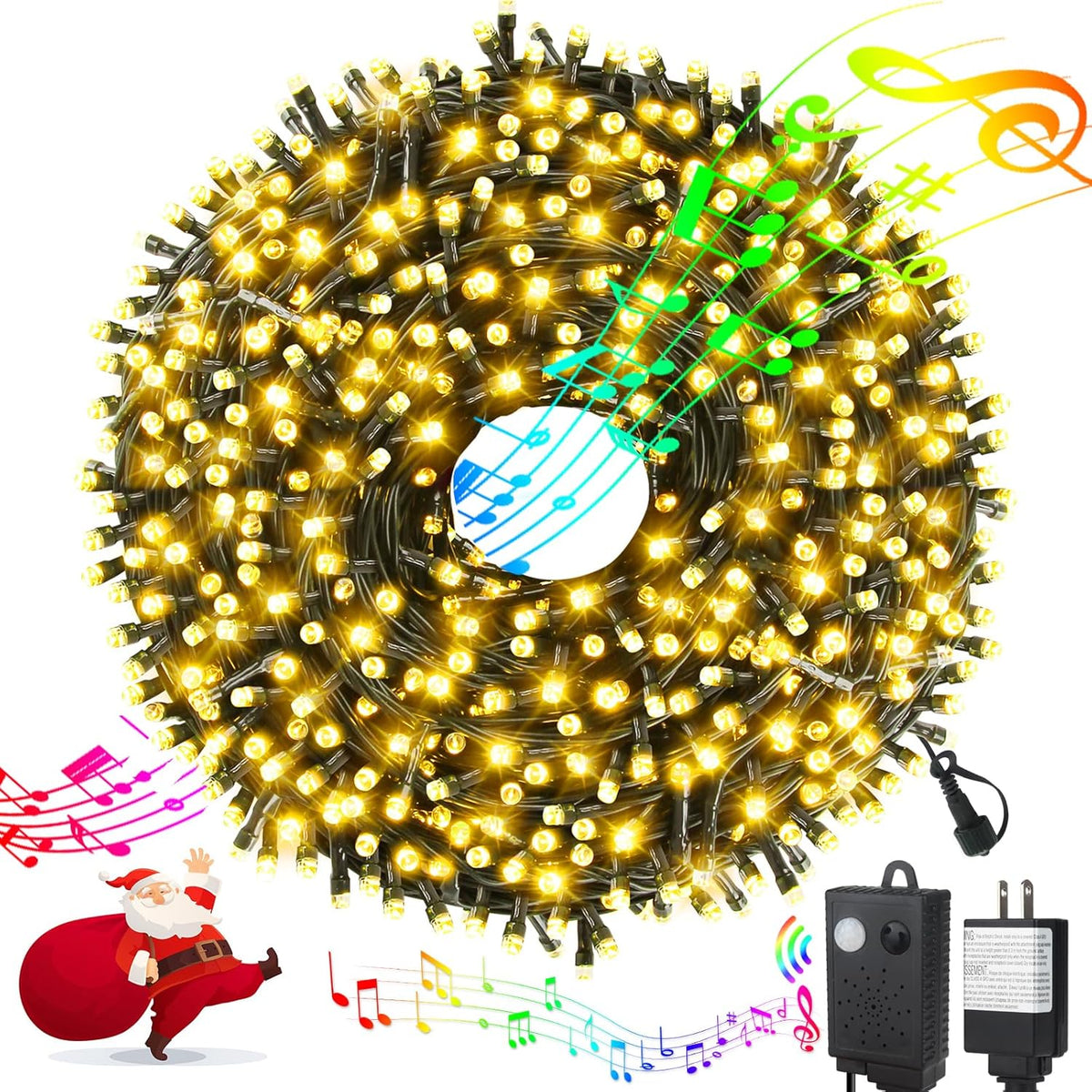 Music Motion Sensor Christmas String Lights 105ft 300 LED, Warm White Christmas Tree Light，End to End Plug In 6 Modes Christmas Lights, Waterproof for Indoor Outdoor Tree Party Yard Room Decor