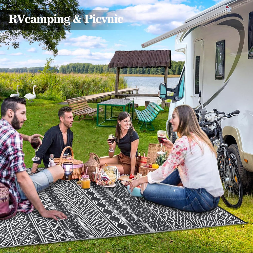 GAOMON Outdoor Rug for Patio 5'x8' Reversible Plastic Rugs Camping Mat for Outdoor, RV, Backyard, Deck, Balcony, Picnic, Beach, Black/White(Bohemia)