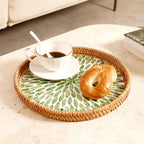Round Rattan Tray with Mother of Pearl Inlay & Wooden Base - Decorative Wicker Serving Tray for Coffee/Bread/Fruits, Food Storage & Display - Multipurpose Home Decor (M,Green Leaves)