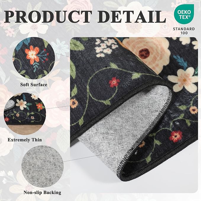 DUKINO 2x4 Entryway Rug, Floral Washable Kitchen Rugs Non Slip, Soft Indoor - Image 5