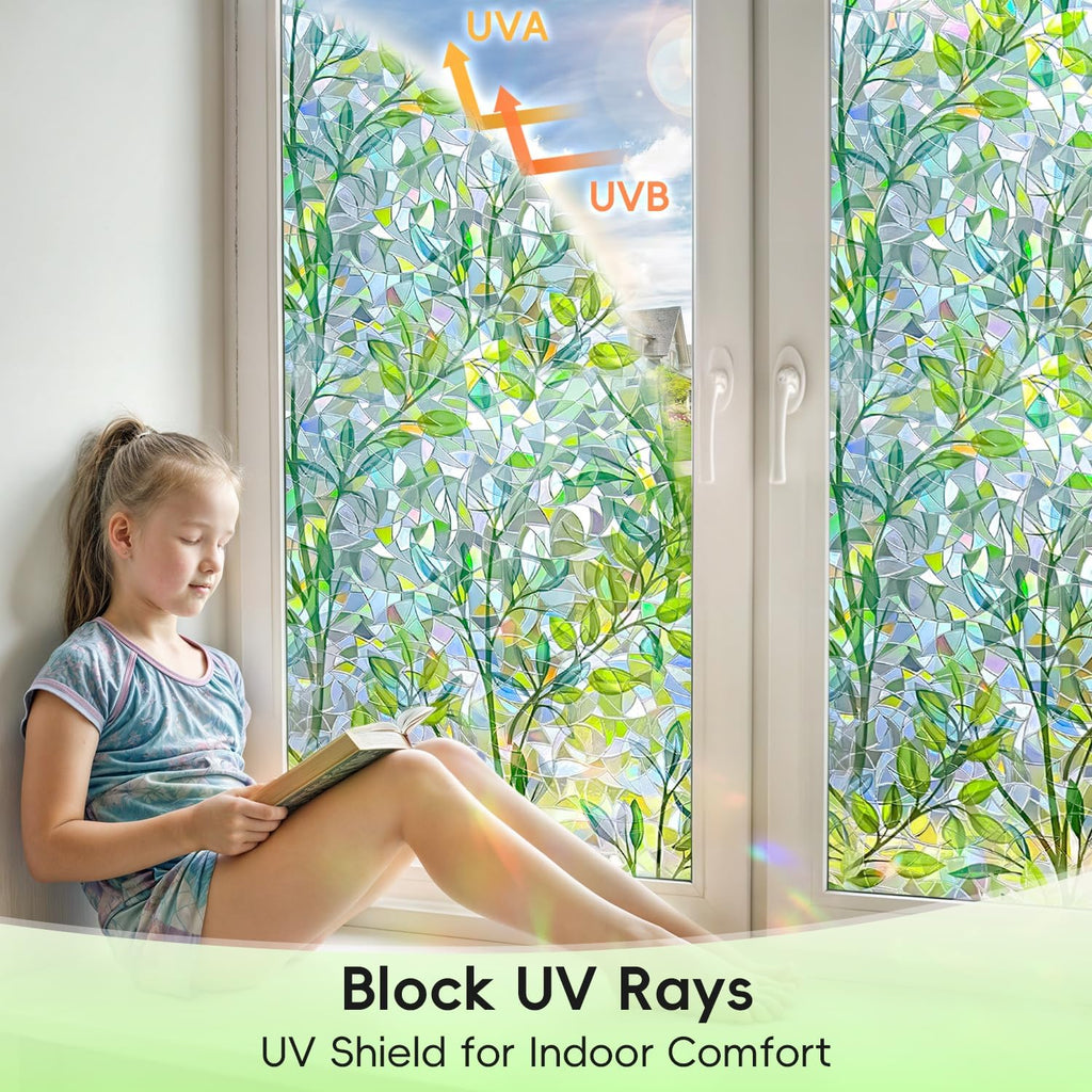 DUOFIRE Window Privacy Film Decorative Stained Glass Window Film Rainbow Foliage Windows Cling Anti UV Non-Adhesive Static Cling Reusable Colorful Windows Decal for Home 35.4×78.7 inch