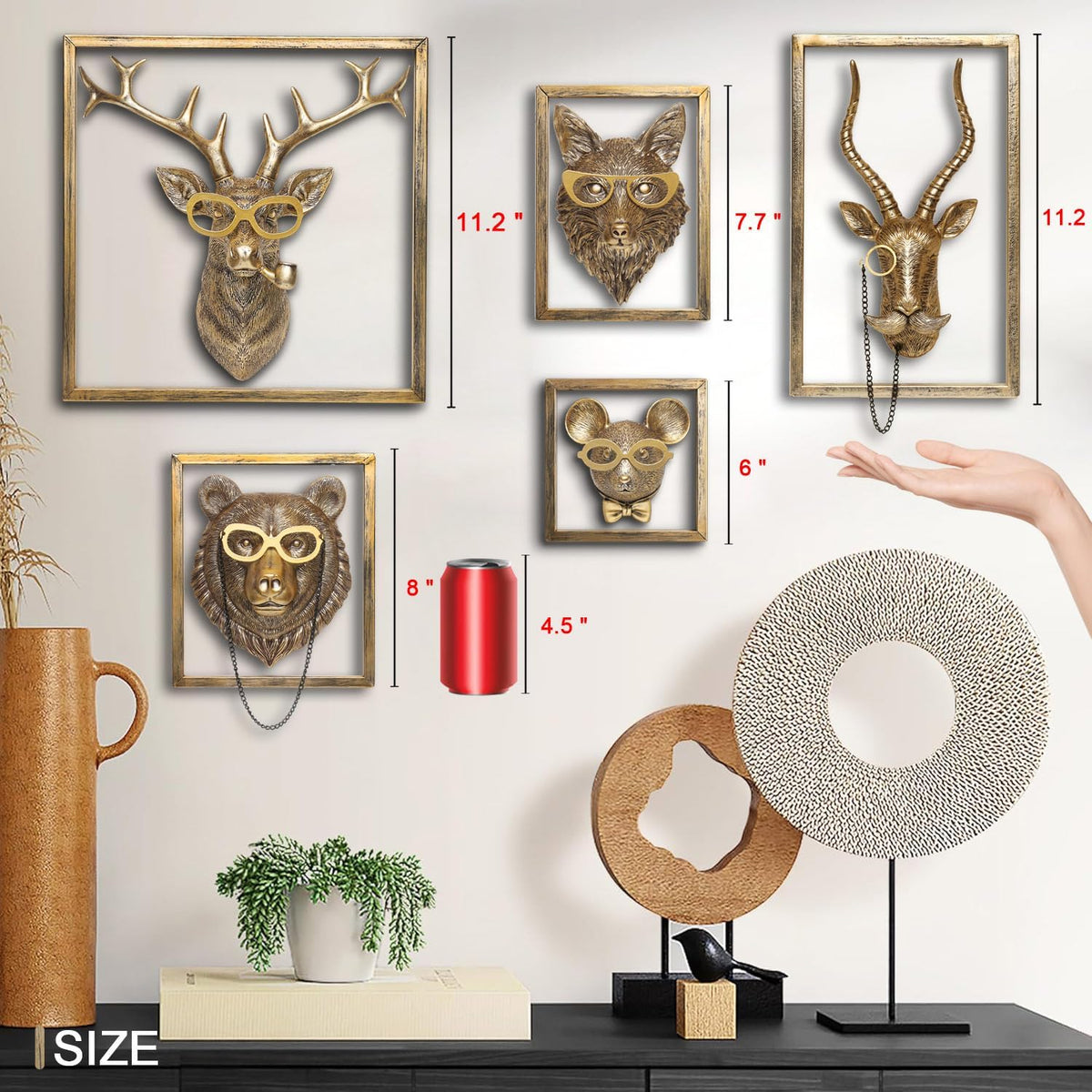 Animal Heads Wall Decor (Includes Metal Frame) Resin Animals Sculptures Head Wall Hanging Decoration Gold vintage Wall Sculpture for Living Room Bedroom Office(Fox)
