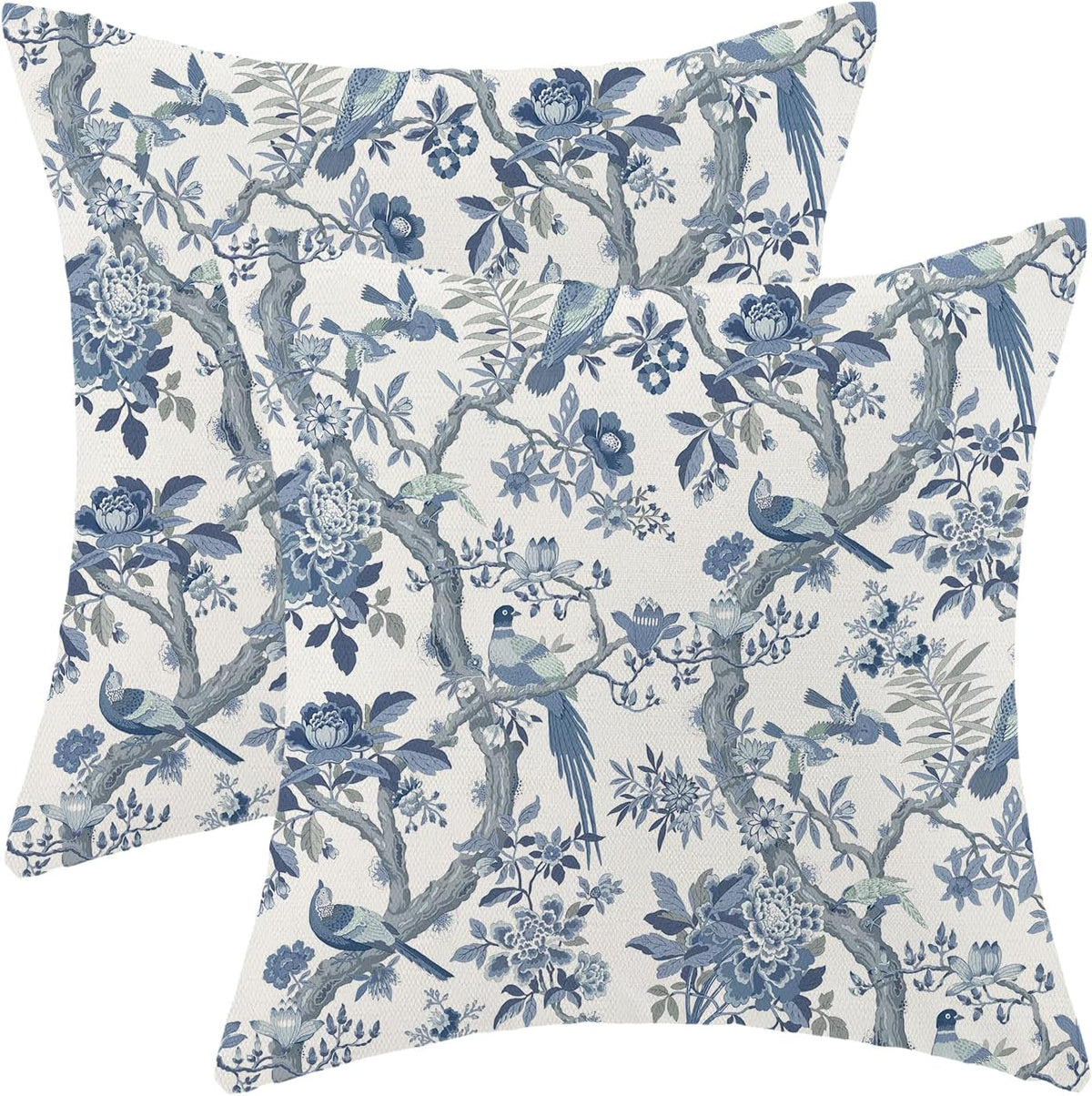 CXMEIFLY Spring Pillow Covers 18 x 18 Inch Set of 2 for Navy Blue Chinoiserie Flowers Bird Decor Throw Pillows Vintage Floral Plant Outdoor Decorative Cushion Cases for Couch Bed Decorations