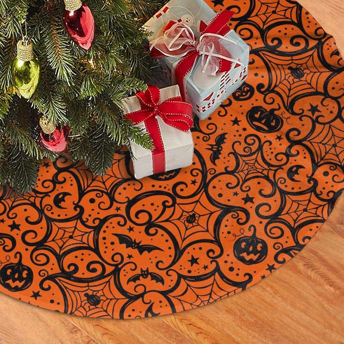 Christmas Tree Skirt,Halloween Pumpkin Xmas Tree Skirt Rustic Farmhouse Tree Skirt for Christmas Decor Xmas Holiday Home Party Decorations30
