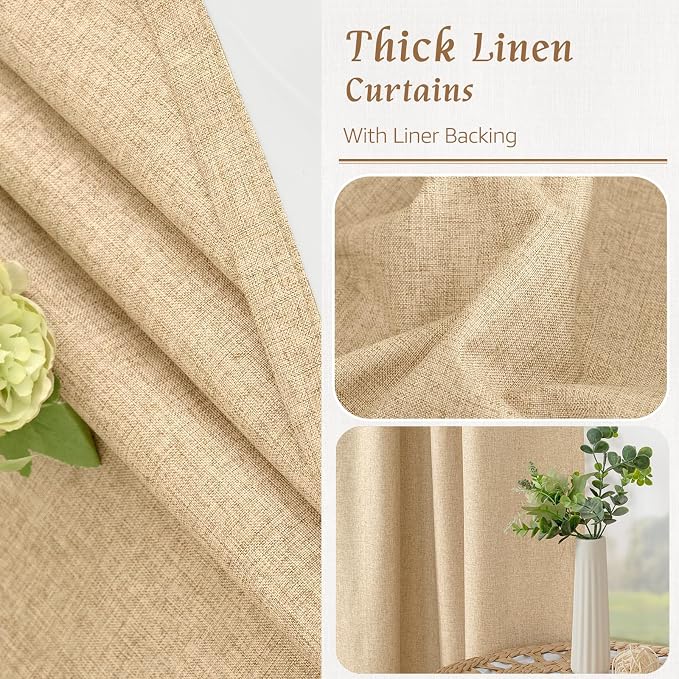 Natural 100% Blackout Linen Curtains 45 Inches 2 Panels, Burlap | Linen Textured - Image 7