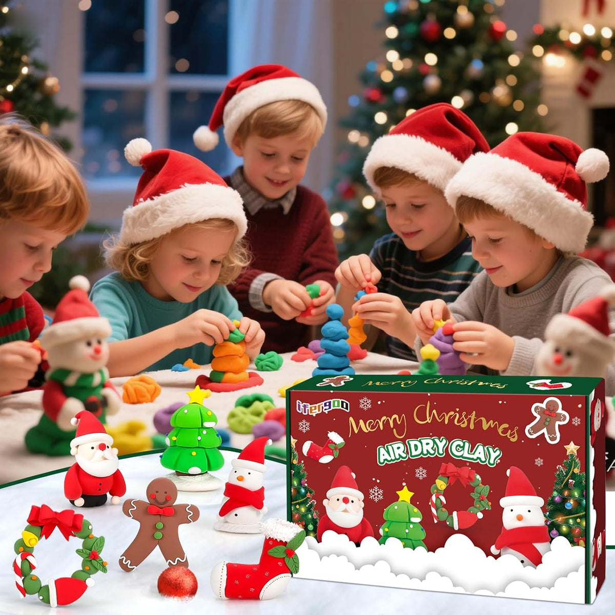 ifergoo Air Dry Clay for Kids - Christmas Modeling Clay Kit, 6 Christmas Molding Designs, Creative Sculpting Activity Kit with Tools & Tutorials, DIY Art Craft Gifts for Girls and Boys