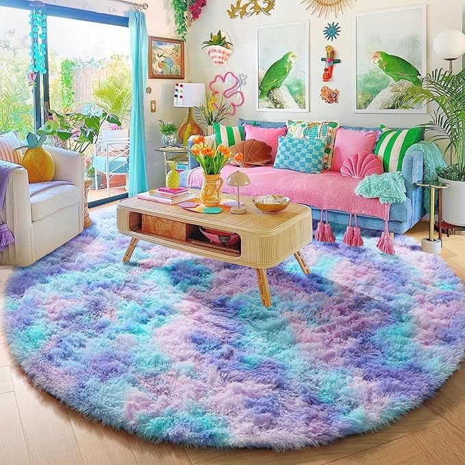 Amdrebio Purple Rainbow Mermaid Shag Round Rug 5Ft - Image 6