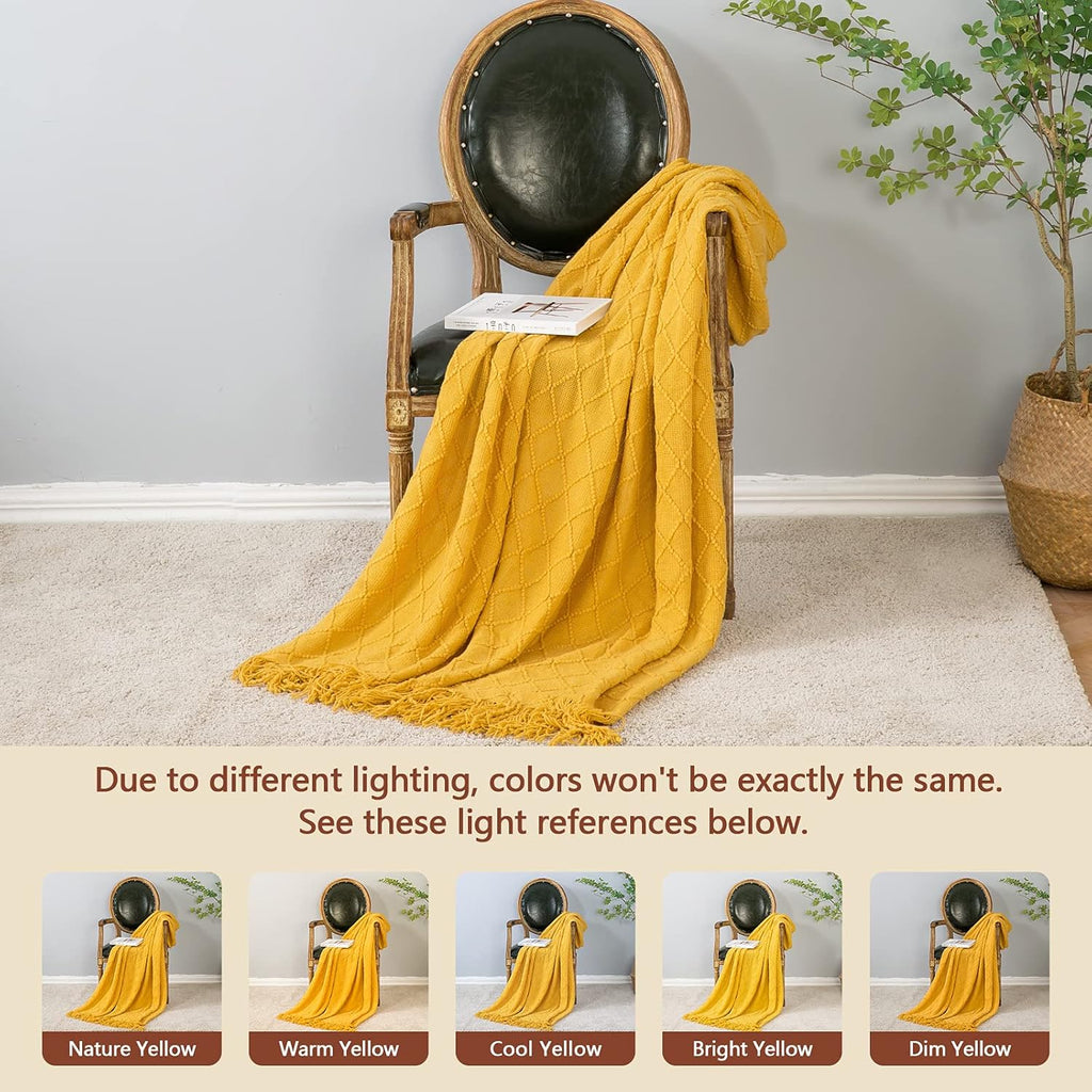 inhand Knitted Fall Throw Blanket for Couch and Bed, Knit Fall Decor Halloween Blanket with Tassel, Mustard Yellow Lightweight Decorative Farmhouse Warm Woven Blankets and Throws for Women, 50"x60"