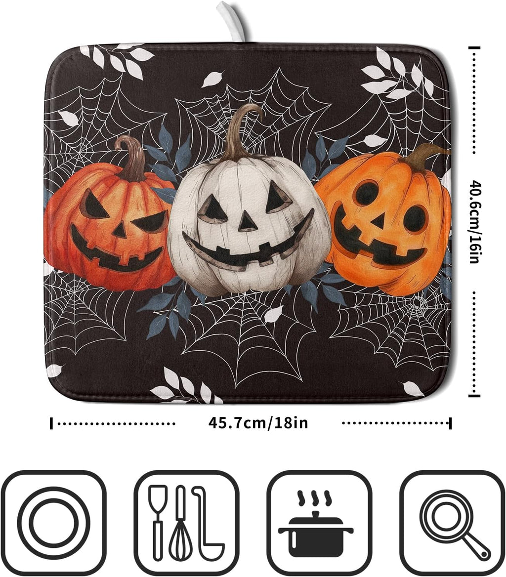 Halloween Dish Drying Mat for Kitchen Counter Spooky Pumpkins Spiderweb Super Absorbent Reversible Microfiber Kitchen Countertop Protector Dishes Pad Small 16x18 inch