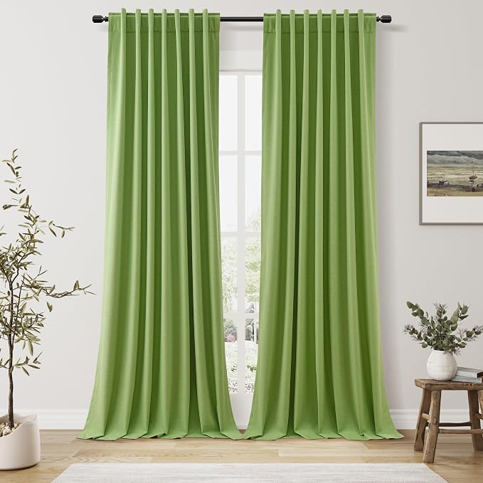Lime Green 100% Blackout Linen Curtains 108 Inch Length 2 Panels Set by Guken