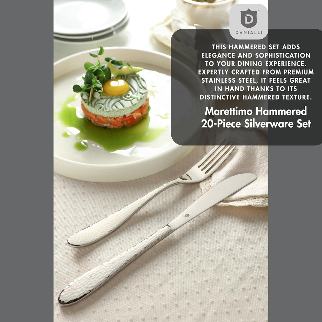 Hammered Silverware Set | Premium 18/10 Stainless Steel Flatware Service for 4 | Heavy-Duty & Dishwasher Safe | Built to Last (20-Piece, Marettimo Hammered)