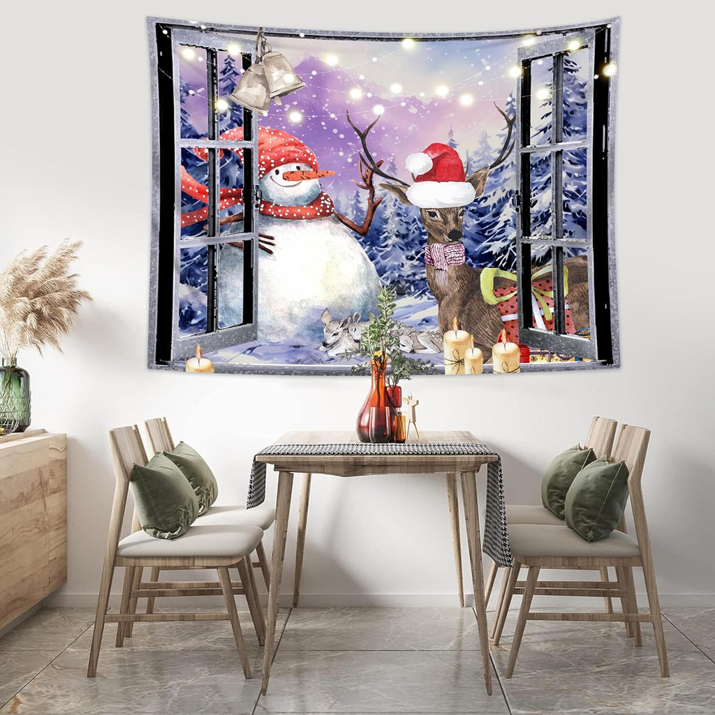 QGHOT Christmas Window Tapestry Wall Hanging Christmas Backdrop Winter Window Wall Decor Xmas Snowman Deer Tapestries for Bedroom Living Room Dorm Holiday Party Decoration