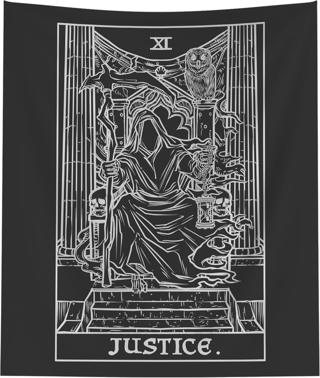 The Ghoulish Garb Justice Tarot Card Tapestry (Black & White) - Grim Reaper - Gothic Halloween Home Decor Wall Hanging (80" x 68")
