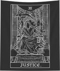 The Ghoulish Garb Justice Tarot Card Tapestry (Black & White) - Grim Reaper - Gothic Halloween Home Decor Wall Hanging (80" x 68")