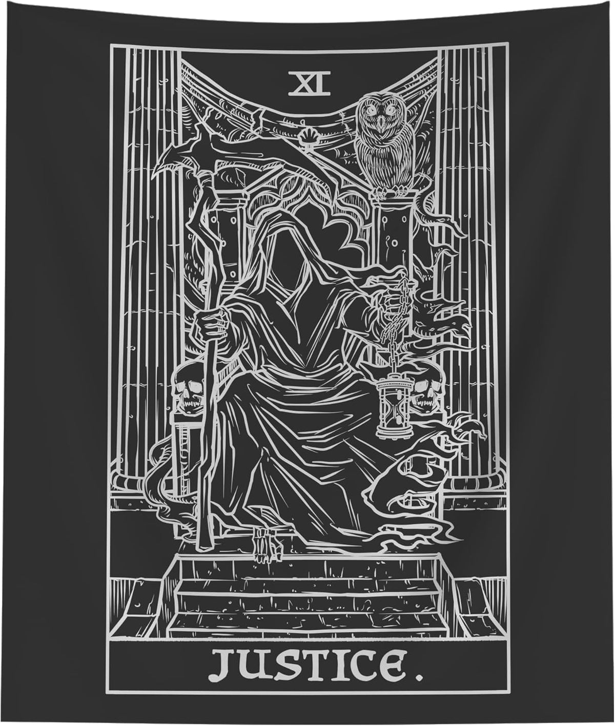 The Ghoulish Garb Justice Tarot Card Tapestry (Black & White) - Grim Reaper - Gothic Halloween Home Decor Wall Hanging (80" x 68")
