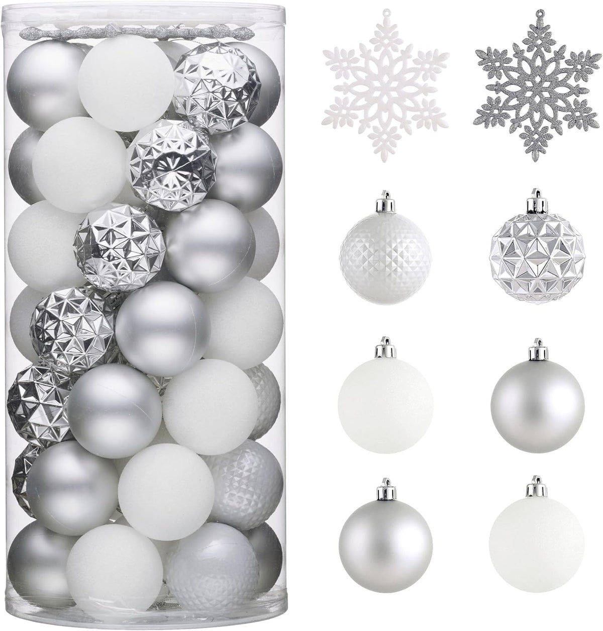 Valery Madelyn Christmas Tree Decorations Ornament Set for Fall Halloween, 50ct 2.36 Inches White and Silver Shatterproof Christmas Ball Ornaments Hanging Xmas Holiday Party Decor