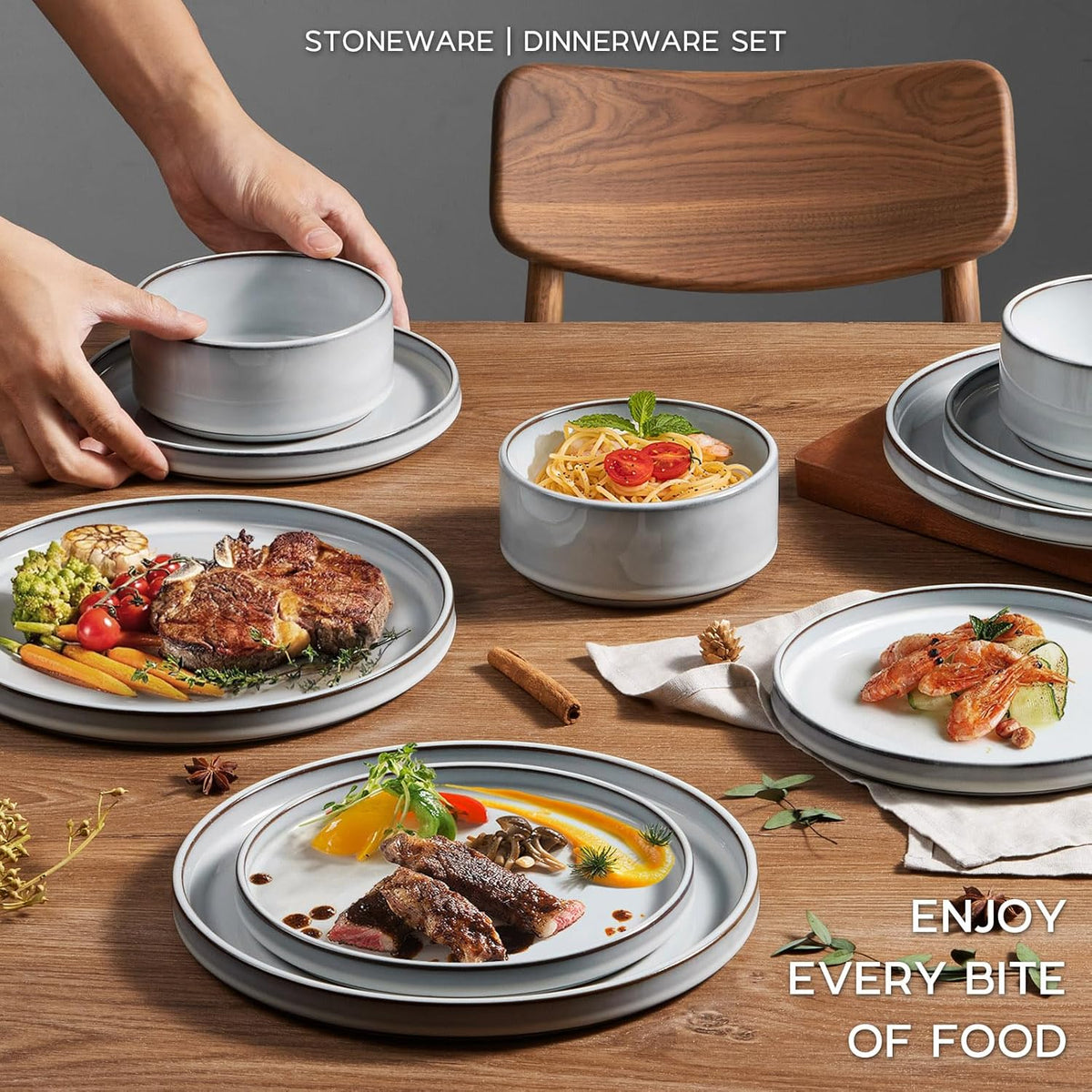 Onader Ceramic Dinnerware Sets for 6, Stoneware Plates and Bowls with Rustic Terracotta Bottom, Elegant Kitchen Dinner Dish Set, 18-Piece Dishware Tableware - Glacier White