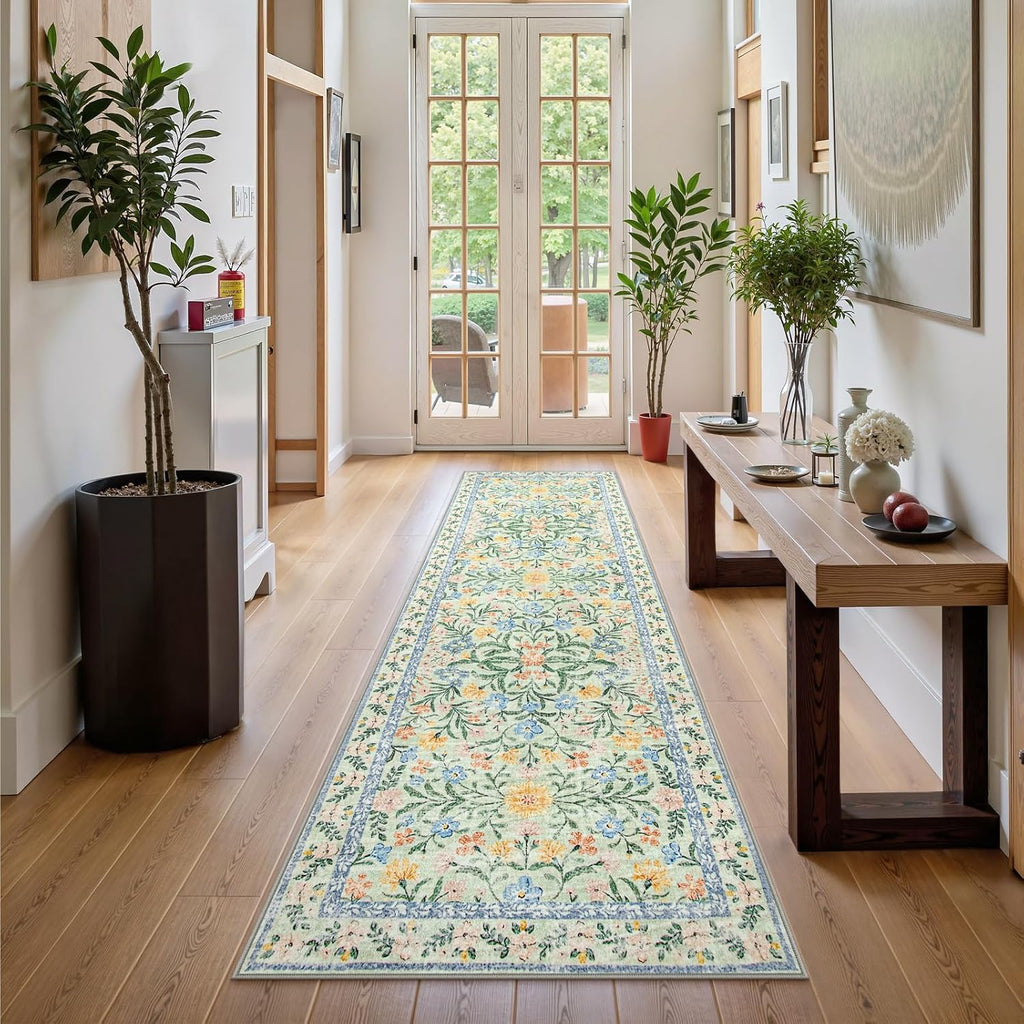 Wonnitar Washable Runners for Hallways, 2'6''x8' Floral Green Runner Rug for Kitchen Bathroom, Boho 8ft Non Silp Extra Long Rugs for Entryway Bedroom Laundry