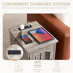 Narrow Side Table,Farmhouse Nightstand with Charging Station,Wood End Table with Glass Barn Door Storage, Cabinet Organizer with Adjustable Shelf, Night Stand for Small Spaces for Living Room Bedroom