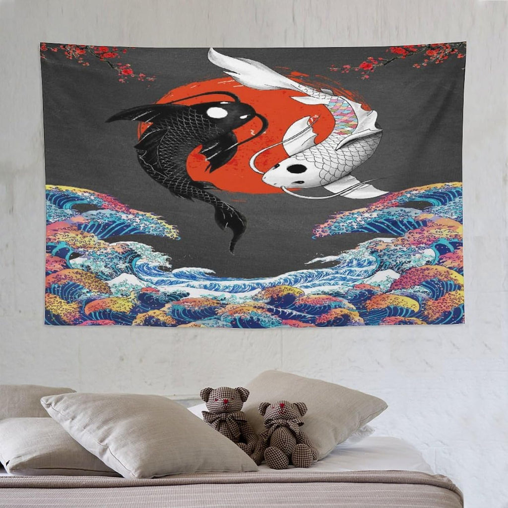 Houselerax Japanese Koi Fish Tapestries, Yin Yang Big Wave Cherry Blossom Tapestry Wall Hanging for Bedroom Living Room Office Decor 90"x60"