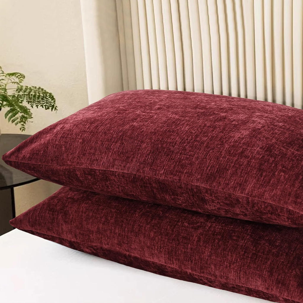 CaliTime Throw Pillow Covers Decorative 20 X 26 Inches Pack of 2 Cozy Chenille Standard Pillow Shams Cases for Couch Sofa Bed Living Room Home Burgundy