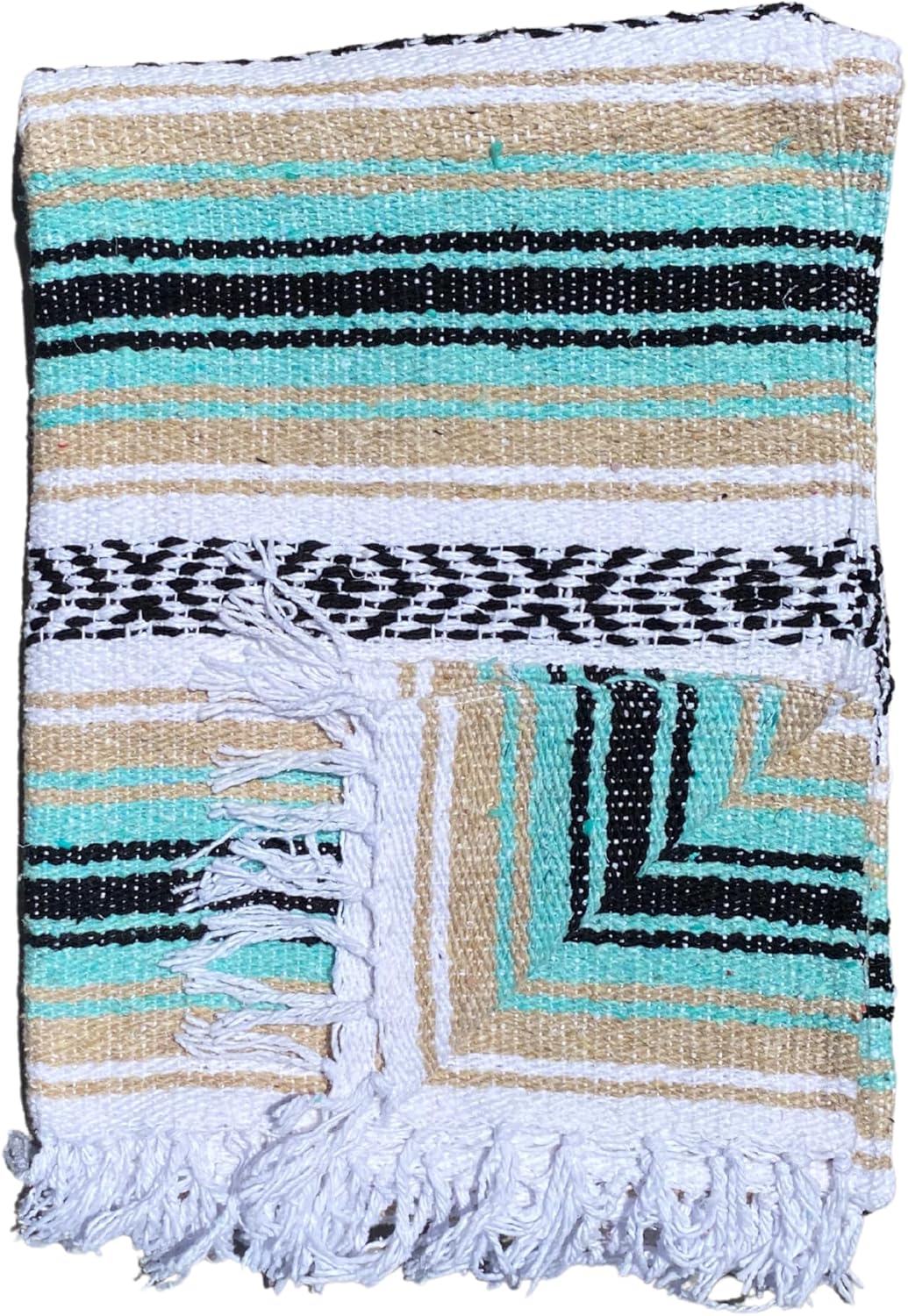 Del Mex Classic Mexican Blanket, Large Authentic Woven Falsa Throw (70"x50"), Artisan Southwest Décor for Beach, Yoga, Outdoors (Mint/Tan)