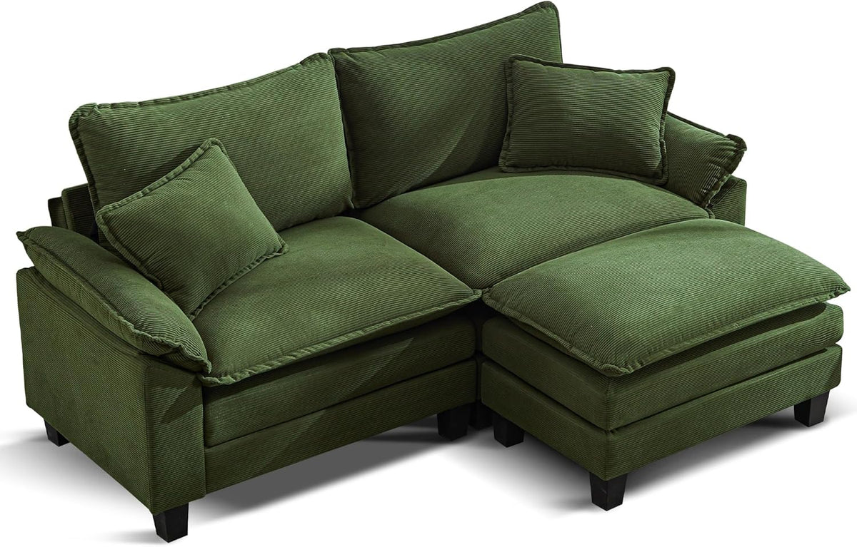 URRED Modular Sectional Sofa Comfy Cloud Couch, Modern Corduroy Sofa Sleeper Deep Seat Couches with Ottoman/Pillows for Living Room (Green, 82.6''- L Shape)