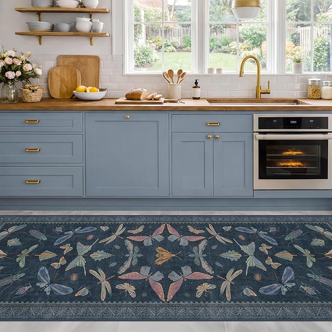 Vintage Dark Blue Insect Moth Runner Rug 3x8, Non Slip Washable Carpet - Image 3