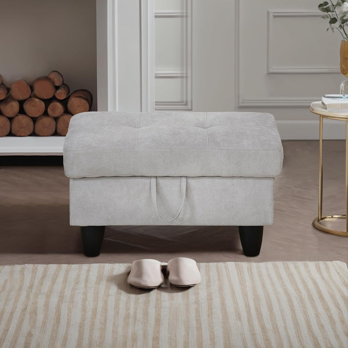 Ottoman Rectangular Storage Ottoman Bench, Flannel Footrest Stool Footstool with Lid for Living Room, Bedroom, Entryway, Khaki, 28.5"x19"x17.5"