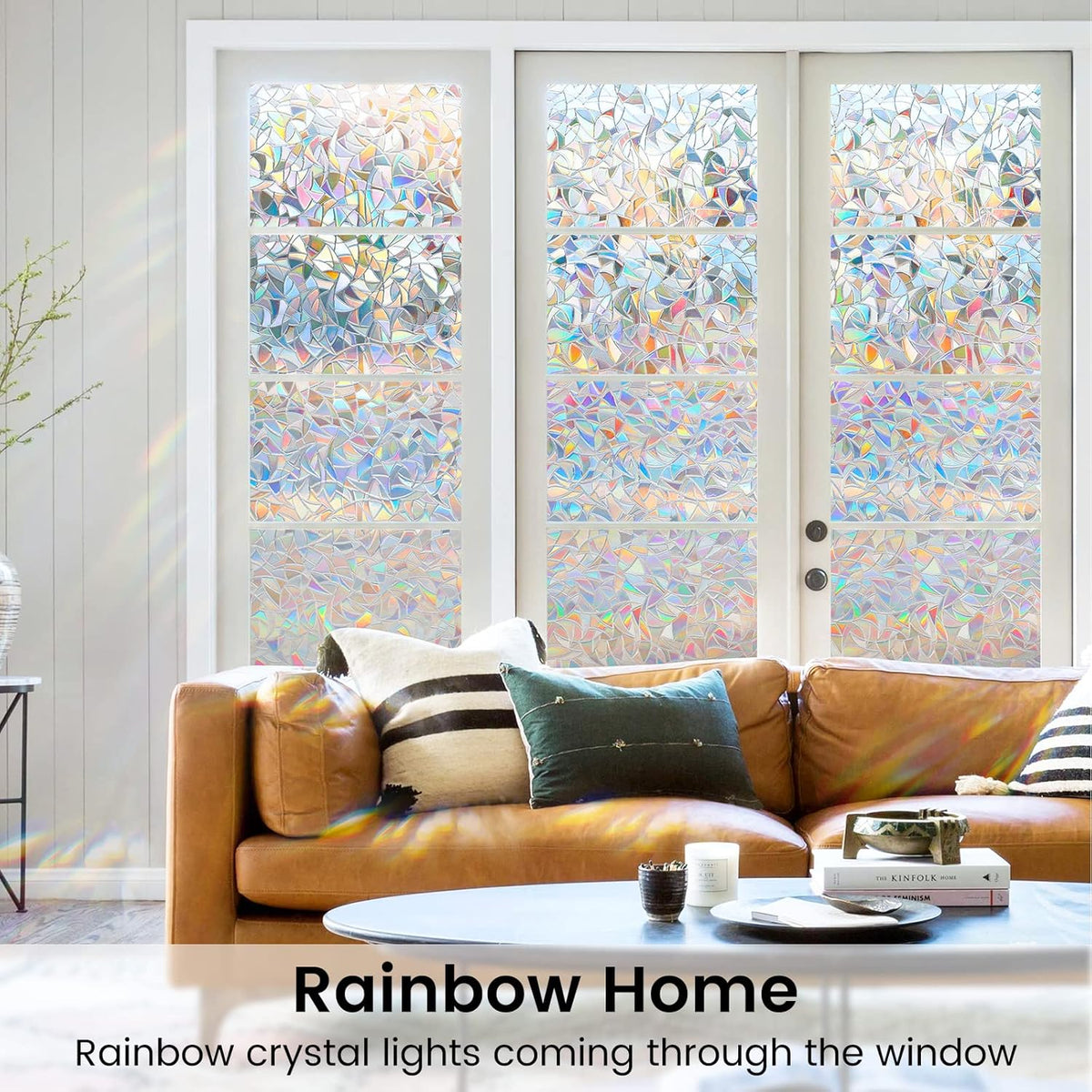 DOWELL Window Privacy Film, Rainbow Window Film, Decorative Stained Glass Clings, Static Cling Door Sticker, Non-Adhesive 3D Decals for Home UV Protection, 35.4 x 118 inches