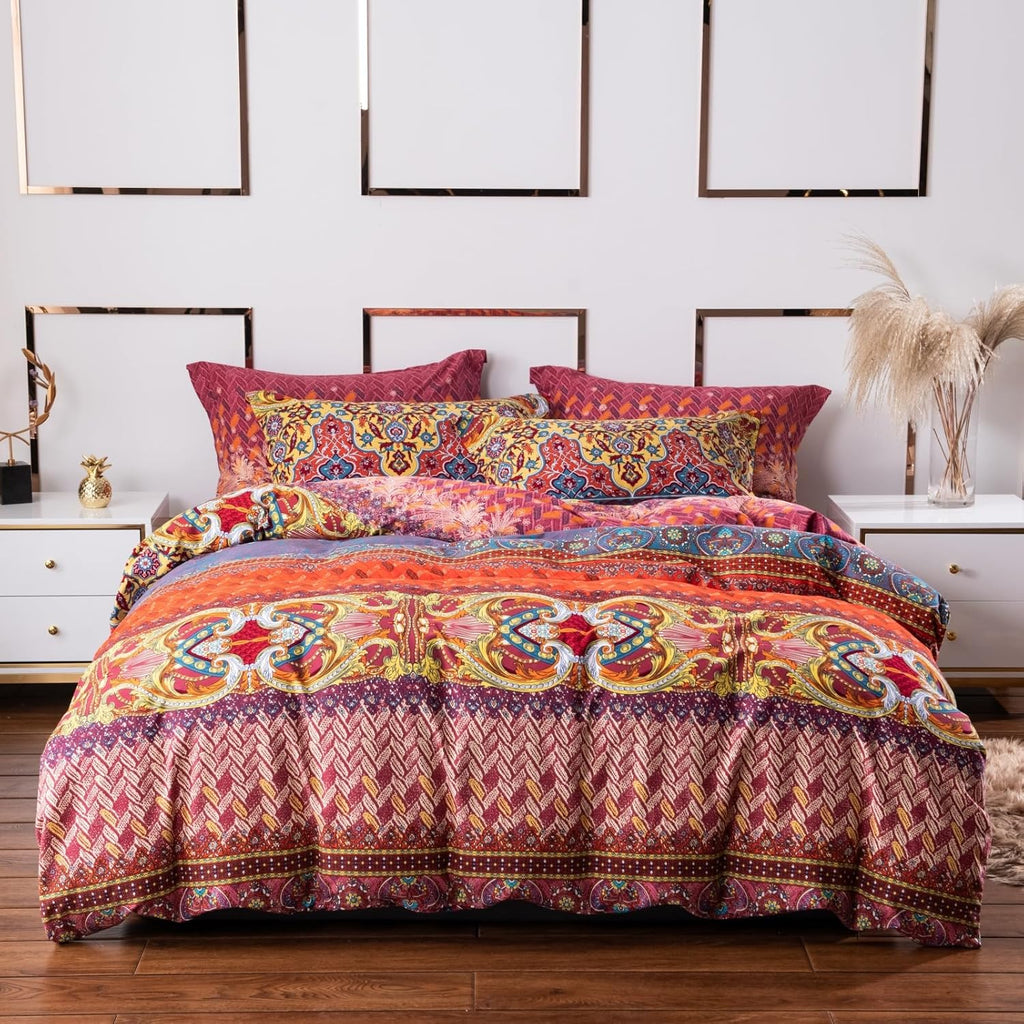 ABREEZE Bohemian Duvet Cover Set Colorful Orange Boho Retro Bedding Set Damask Paisley Cotton Duvet Cover Tribal Reversible Bedding Exotic Style Comforter Cover 3-Piece Full