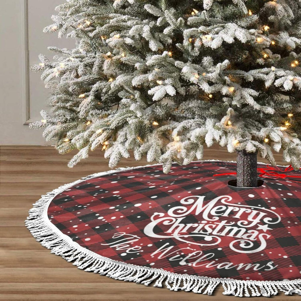 Custom Plaid Christmas Tree Skirt with Name, Personalized Holiday Xmas Tree Decor Gifts for Party Family Home, 30" - 48"