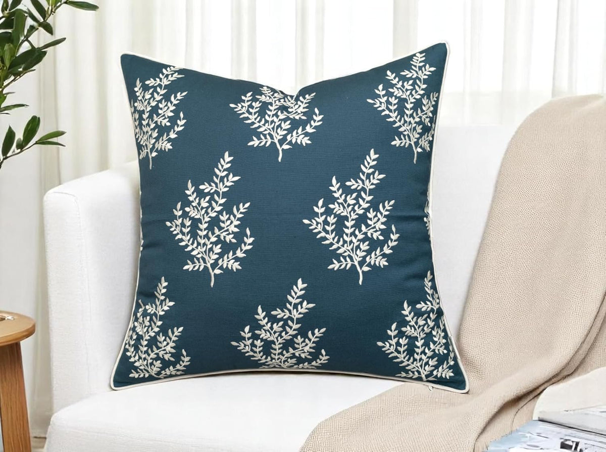 VAGMINE Embroidered Leaves Throw Pillow Cover - 20x20 Inches Square - 100% Cotton Teal Decorative Cushion Cover - Luxurious Embroidery Pattern - Vibrant Boho Accent for Sofa, Bed, Chair, Living Room