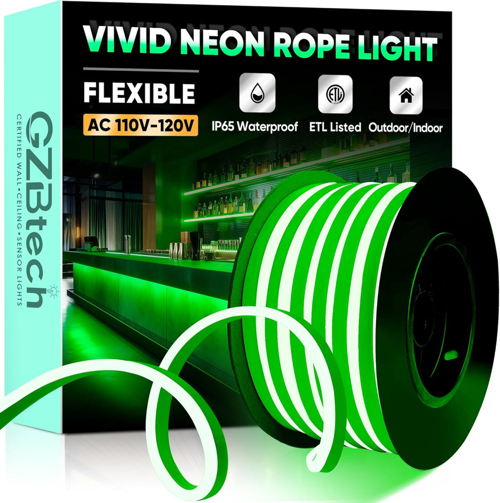 GZBtech Flexible LED Neon Rope Lights 33FT,AC 110-120V Waterproof Strip Light, 120 LEDs/M Cuttable Connectable Neon Lighting for Indoor Outdoor Home Decor/Commercial Building Use-Green 10M